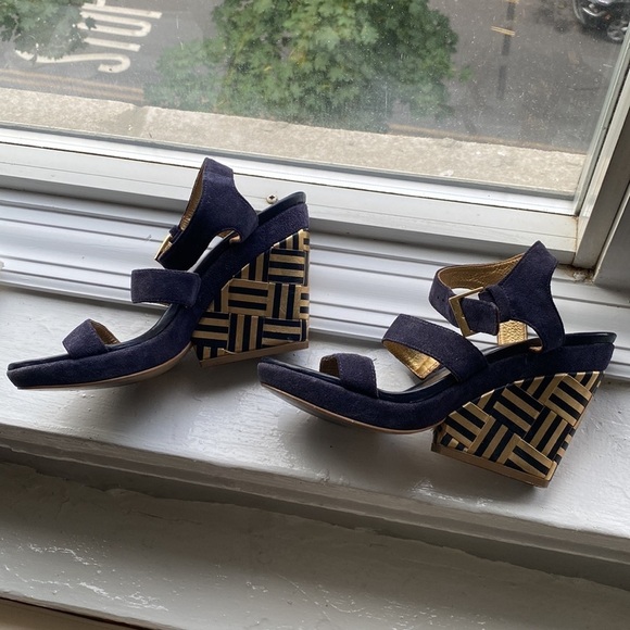 kate spade Shoes - Kate Spade navy suede, gold and black leather wedges, size 6.5
